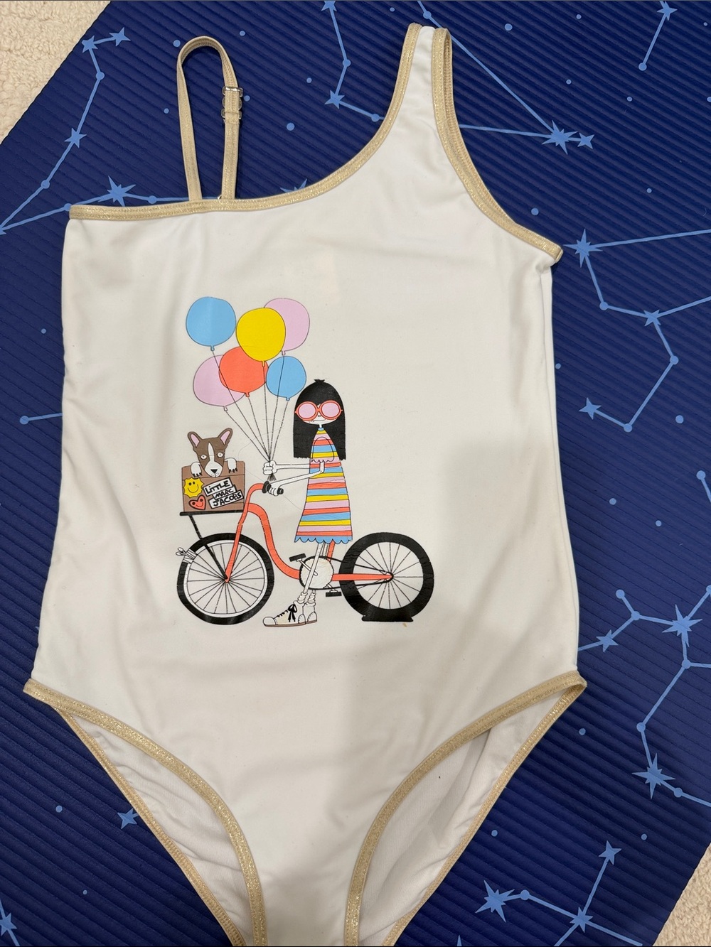 White Girls' One-Shoulder Swimsuit with Bicycle and Balloons Graphic